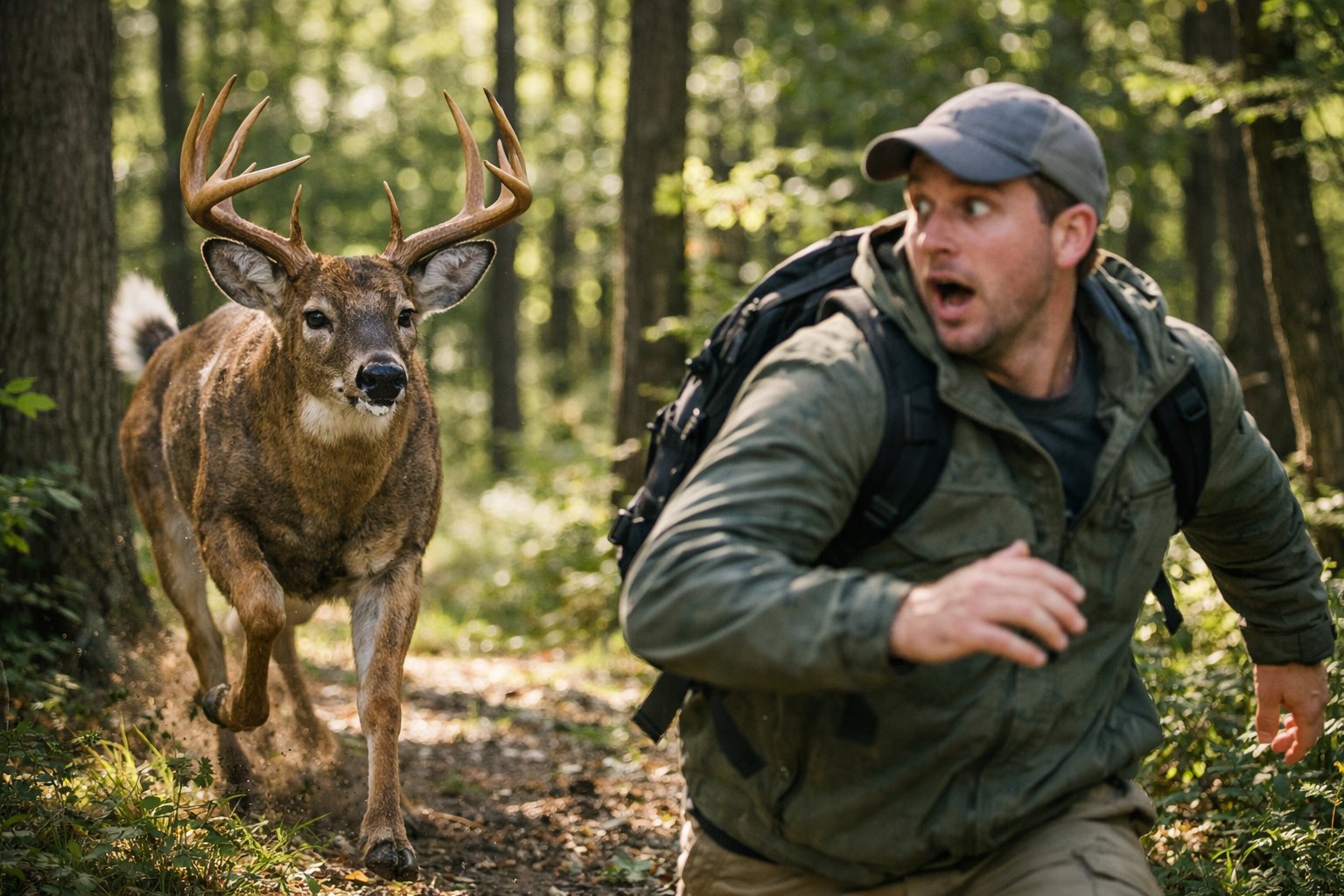 A deer with antlers appears to chase a surprised person running through a forest.