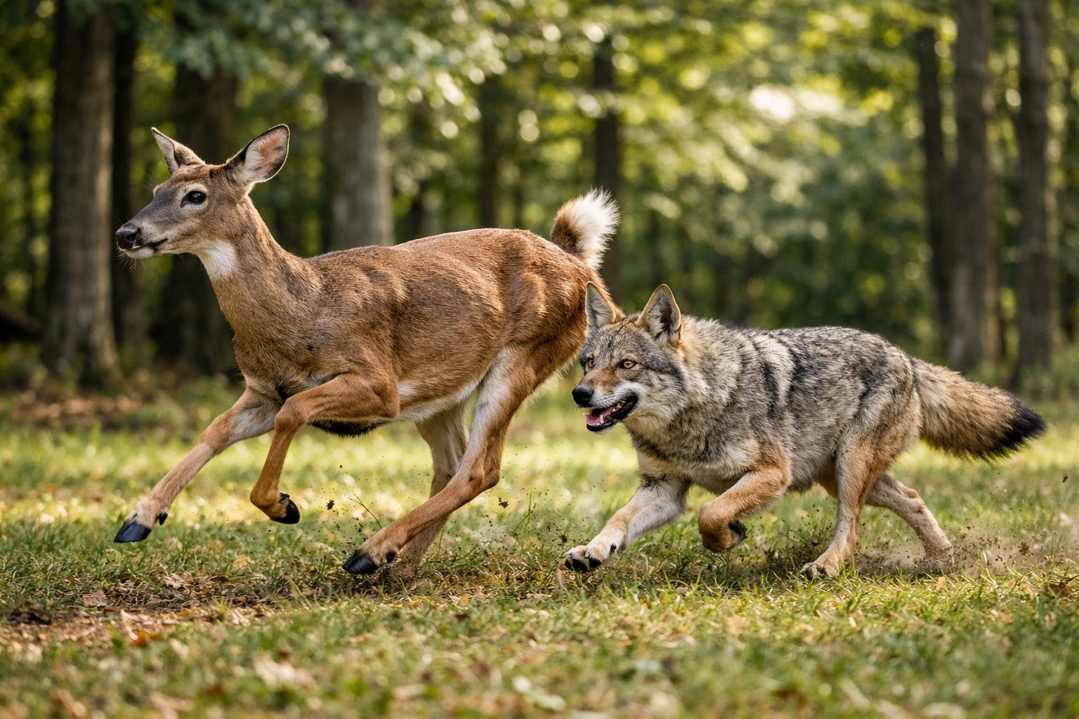 A deer and a coyote running side by side through a sunlit forest clearing.