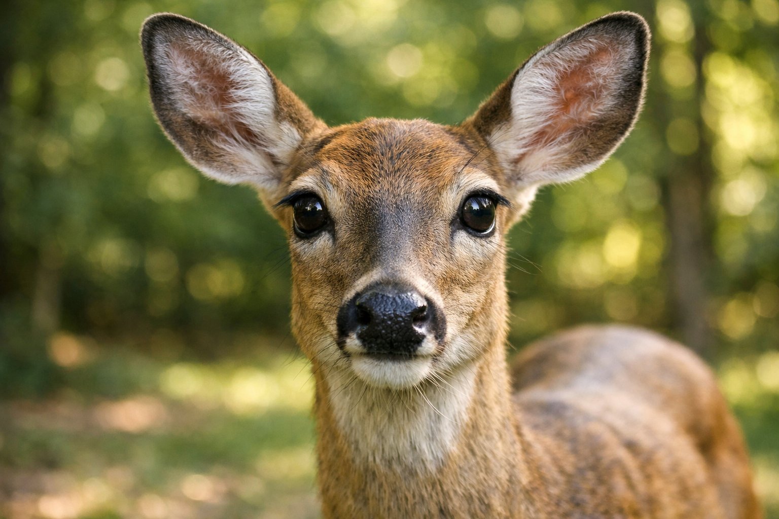 A deer looking directly ahead in a sunlit forest clearing.