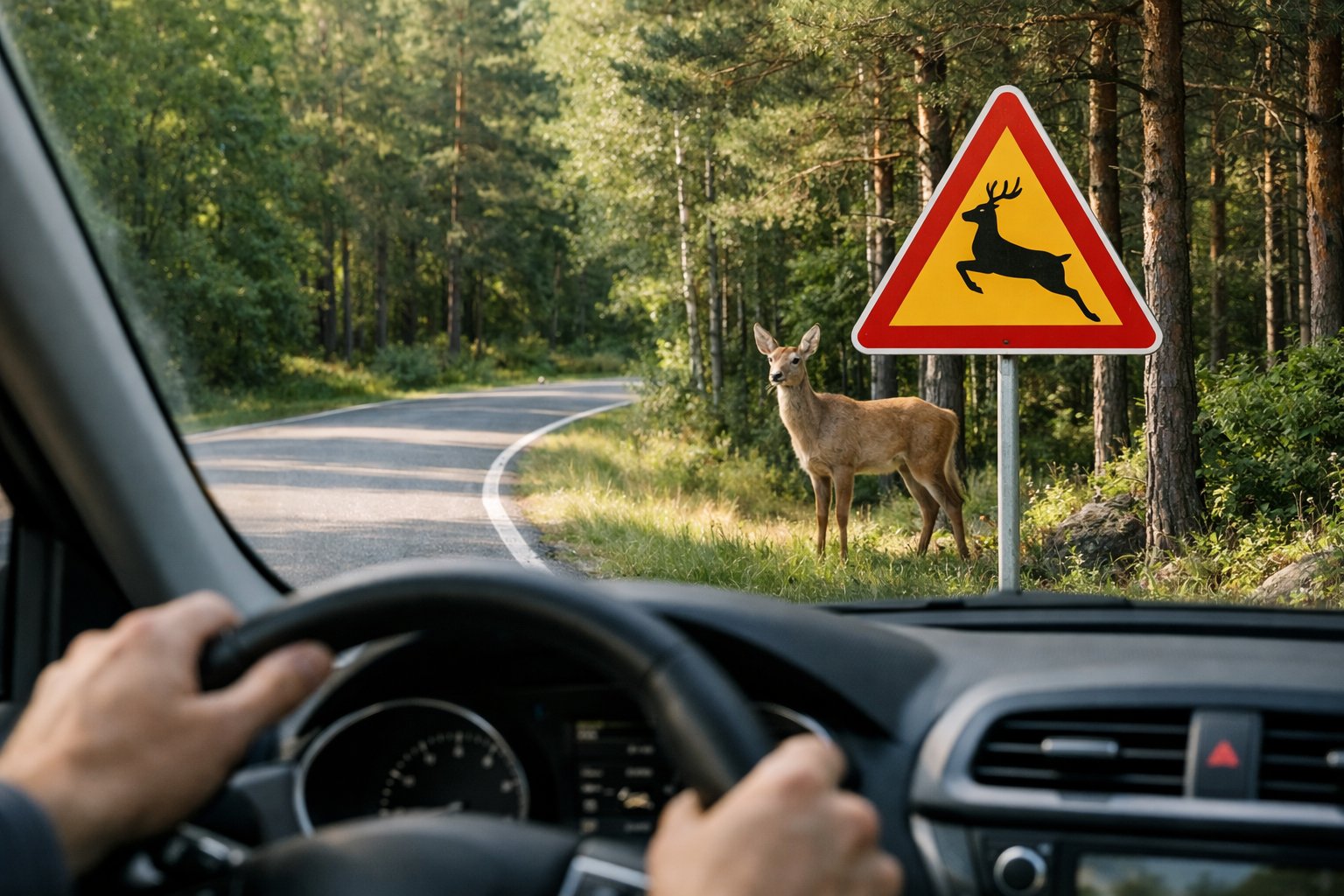 A car slowing down near a deer crossing sign with a deer standing at the edge of a forest.