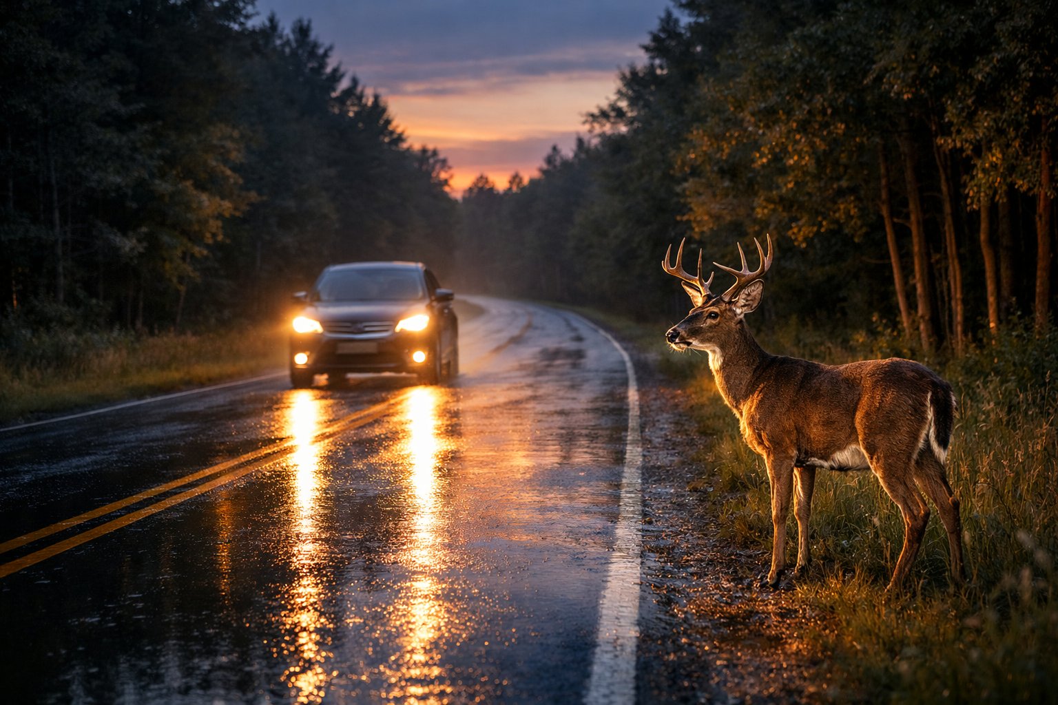 A car driving at dusk on a rural road with a deer standing near the roadside surrounded by forest.