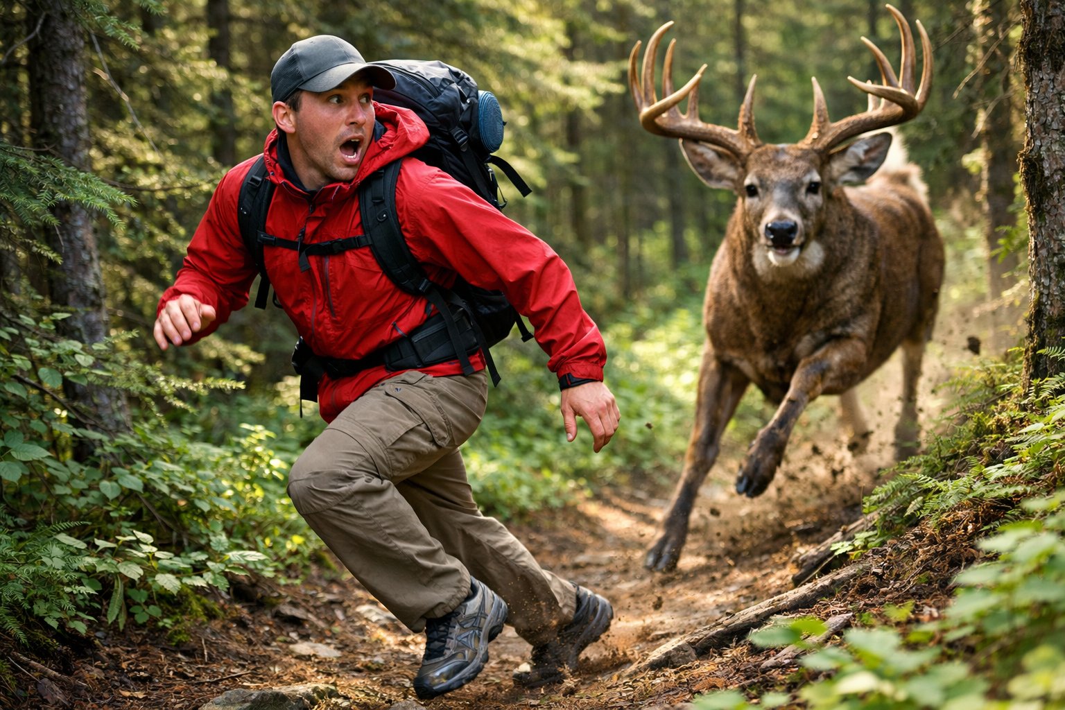 A person running through a forest trail being chased by a deer.