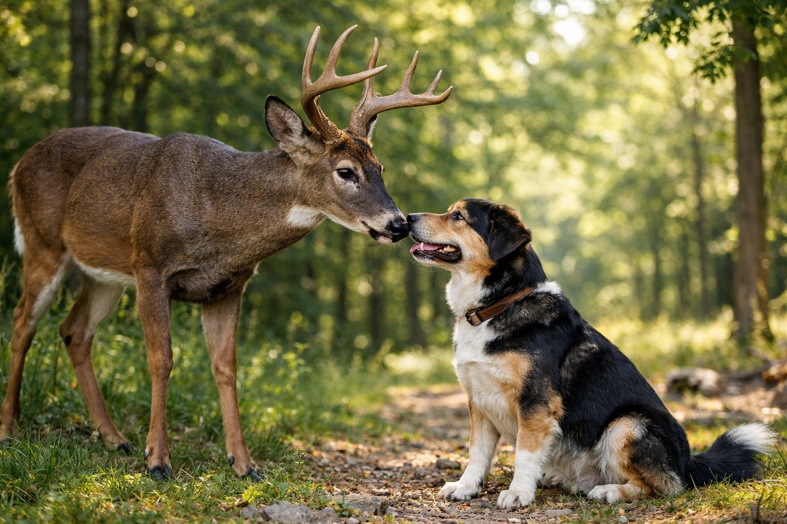 A deer and a dog calmly facing each other in a sunlit forest clearing.