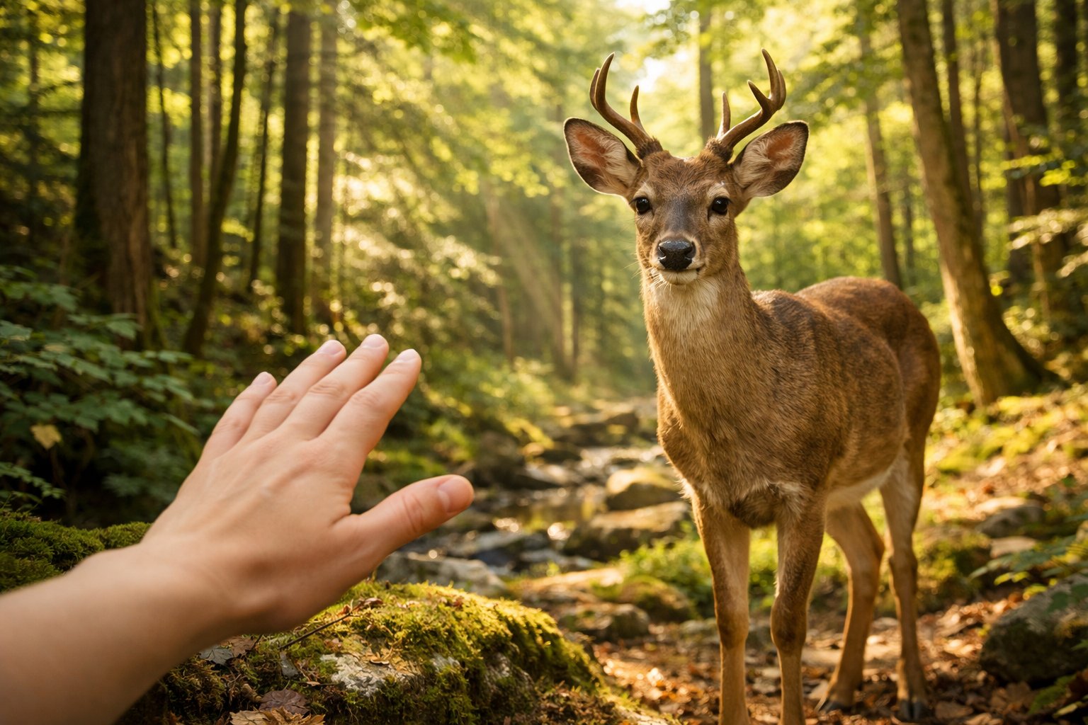 A deer standing calmly in a forest with a human hand reaching out nearby but not touching it.