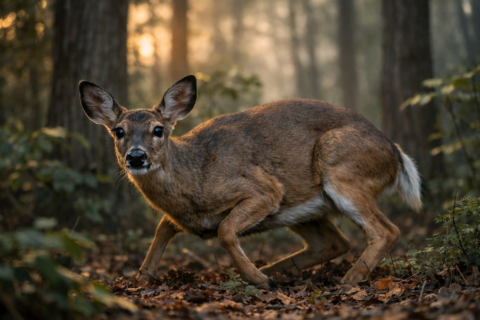A wild deer in a forest looking alert and ready to run, surrounded by trees and foliage.