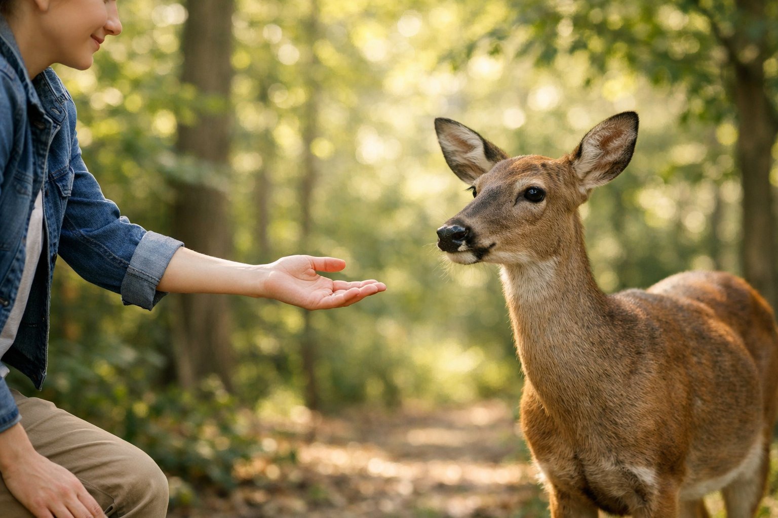 A person gently reaching out their hand towards a calm deer in a forest.