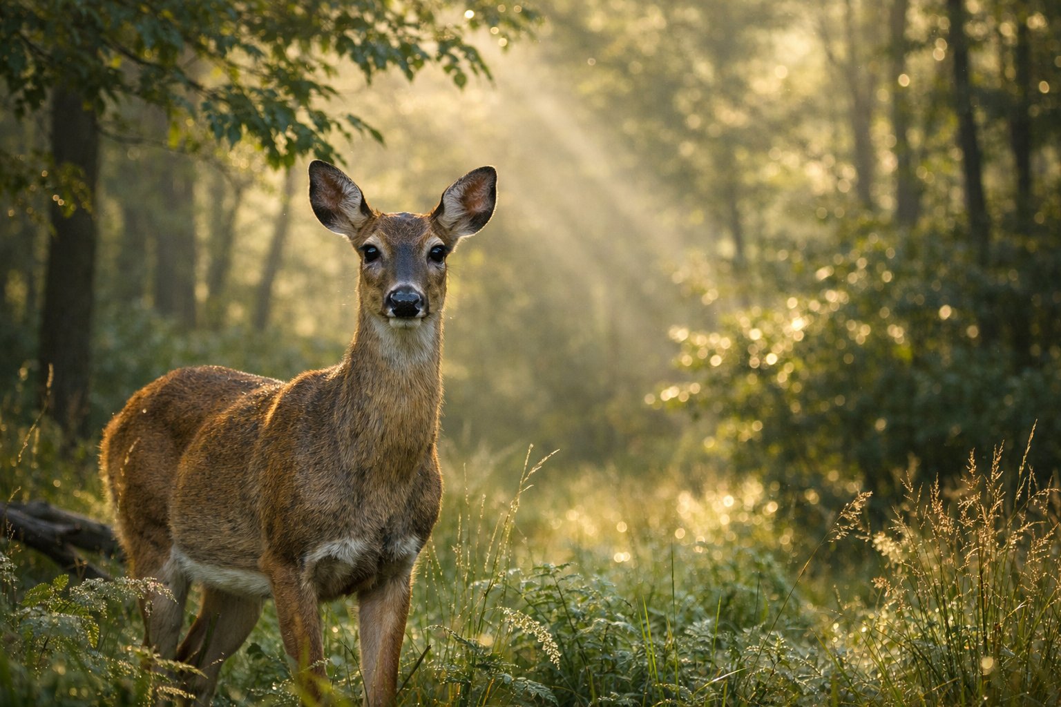 A deer standing alert in a forest, looking toward the camera with ears perked, surrounded by green trees and soft sunlight.
