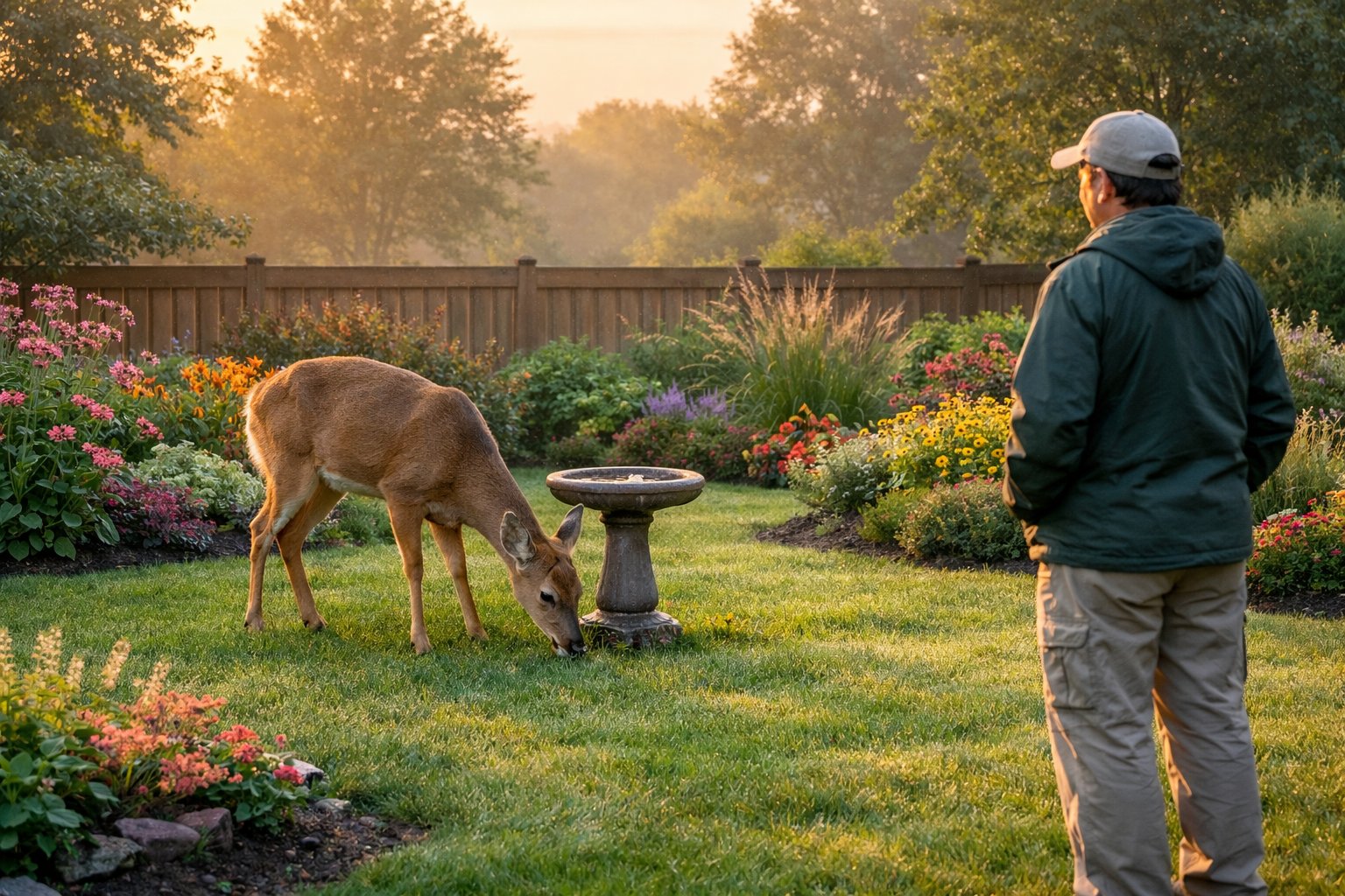 A deer grazing peacefully in a suburban garden with a person watching quietly from a distance.