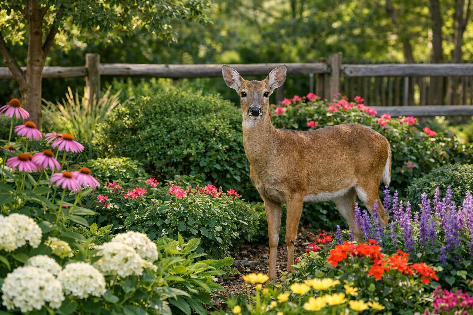 A deer standing calmly among plants and flowers in a garden with a wooden fence in the background.