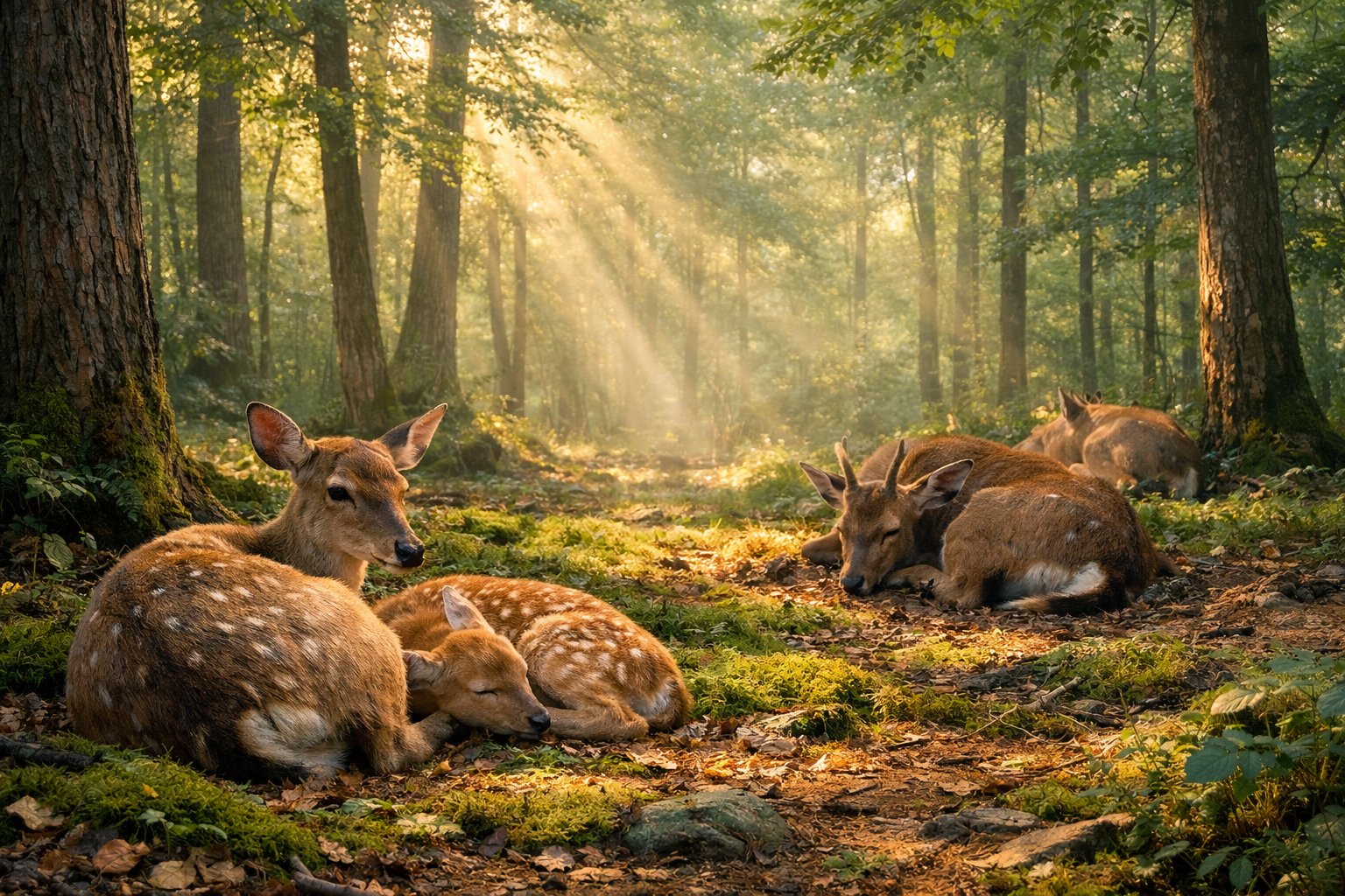 A group of deer resting quietly on the forest floor surrounded by trees and soft sunlight.