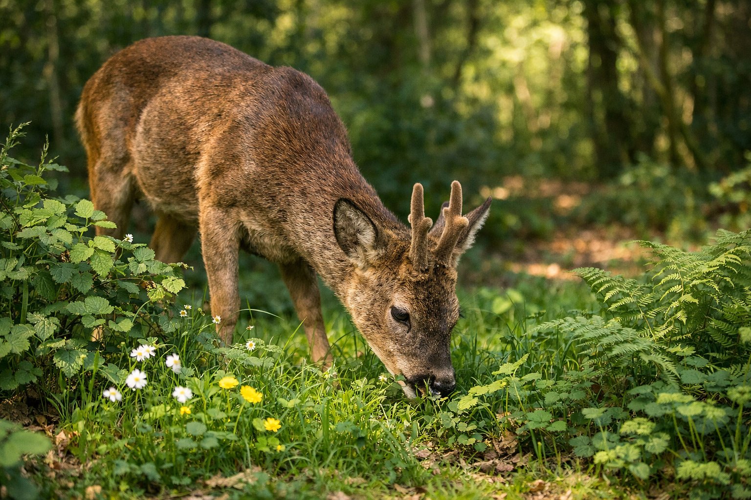 A deer grazing on green grass and leaves in a forest with trees and plants around.