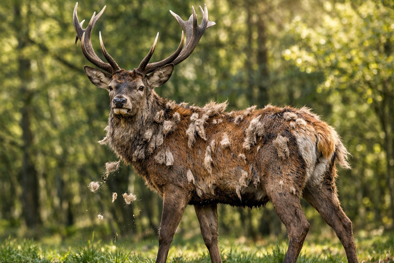 A male deer shedding its winter fur in a green forest during early spring.