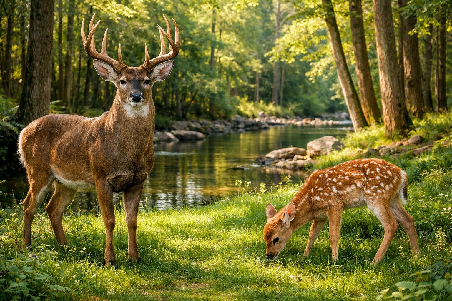 An adult deer with antlers and a spotted fawn standing in a green forest meadow near a clear stream.