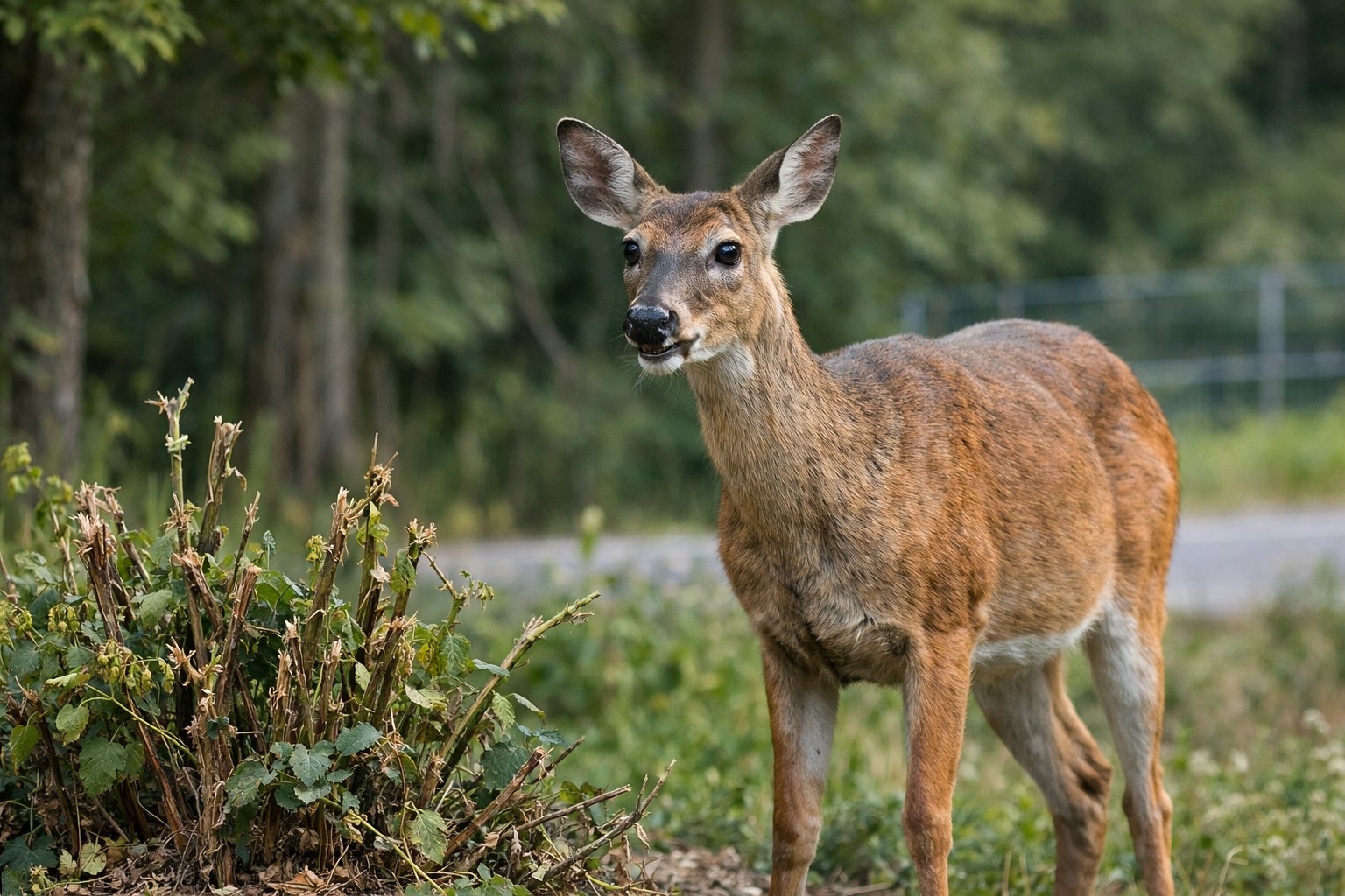 A deer standing in a forest near damaged plants, looking alert and uneasy.