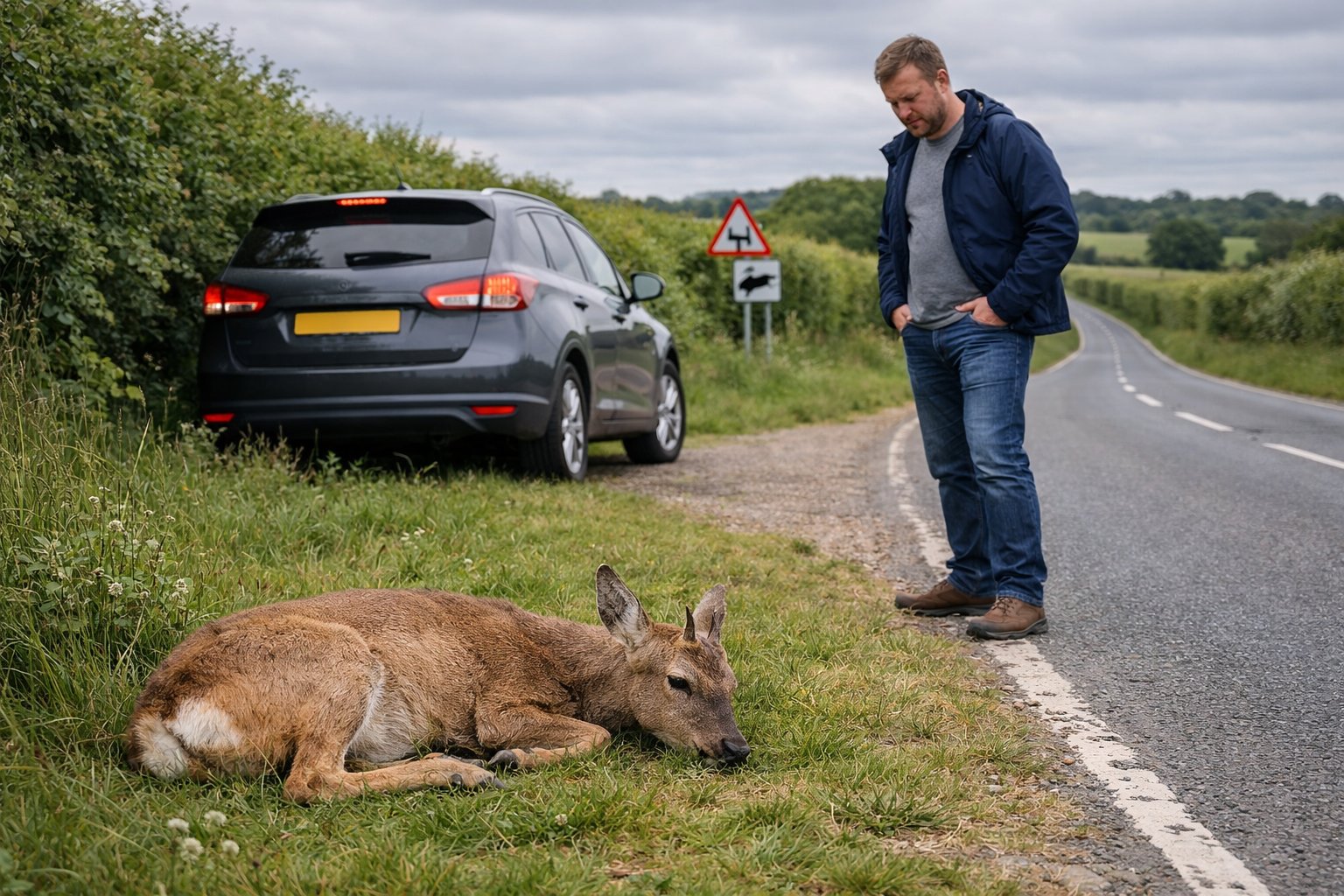 A car stopped on the side of a rural UK road with a deer lying injured nearby and a person standing next to the vehicle looking at the deer.