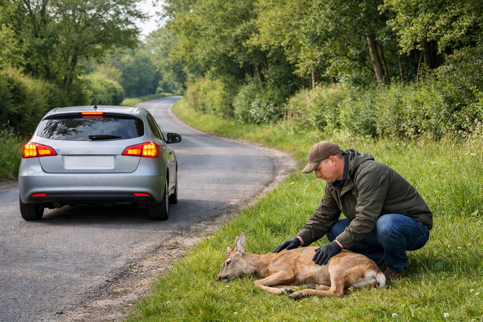 A person attending to a deer lying beside a car on a rural UK roadside surrounded by trees and grass.