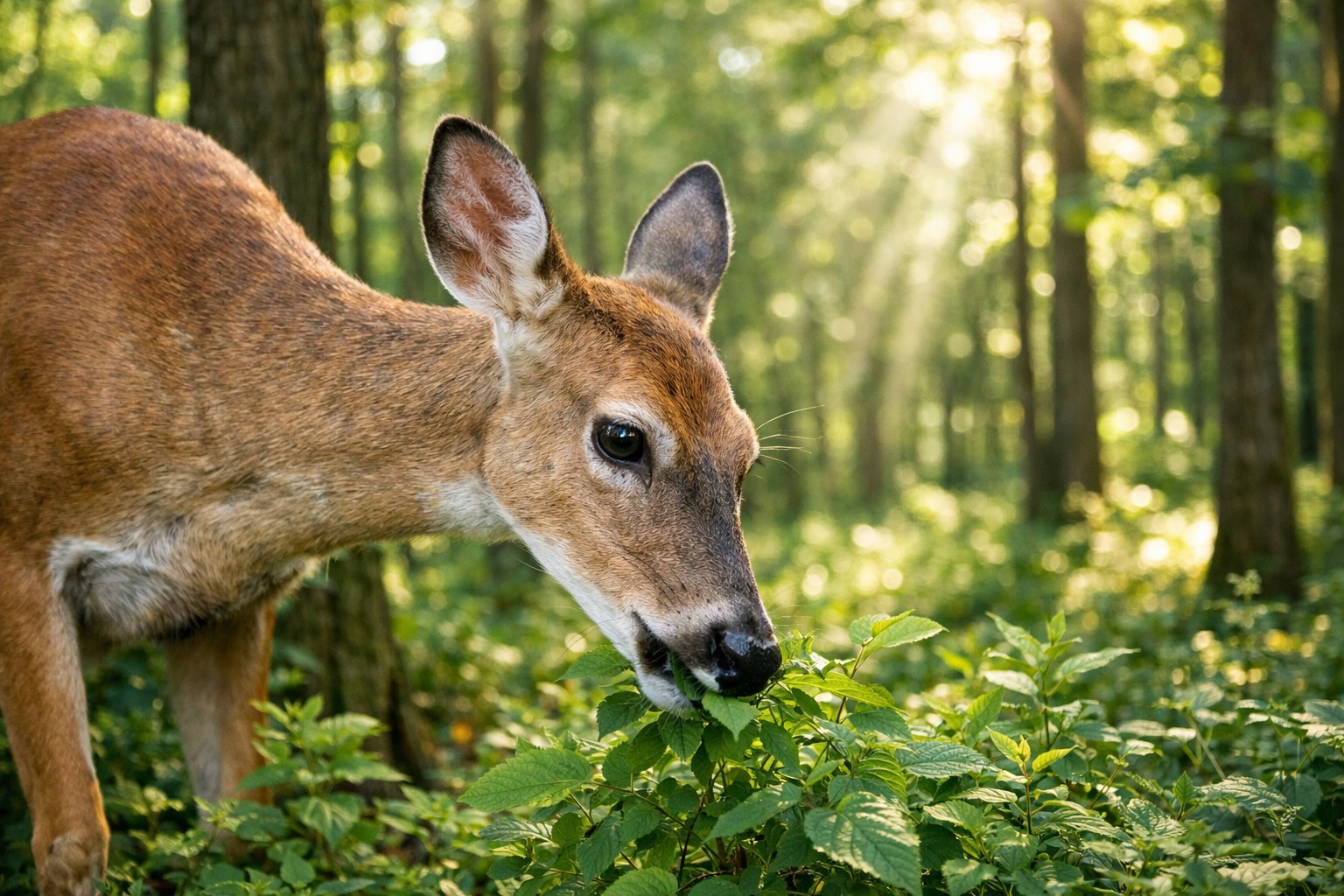 A deer grazing on green plants in a sunlit forest surrounded by tall trees.