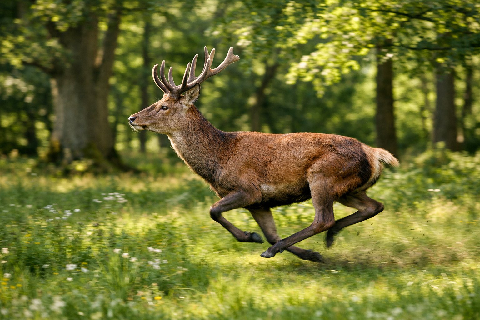A UK deer running quickly through a green forest clearing with sunlight filtering through the trees.
