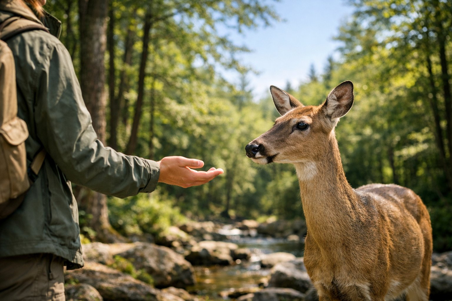A person gently reaching out toward a calm deer standing in a forest with sunlight filtering through the trees.