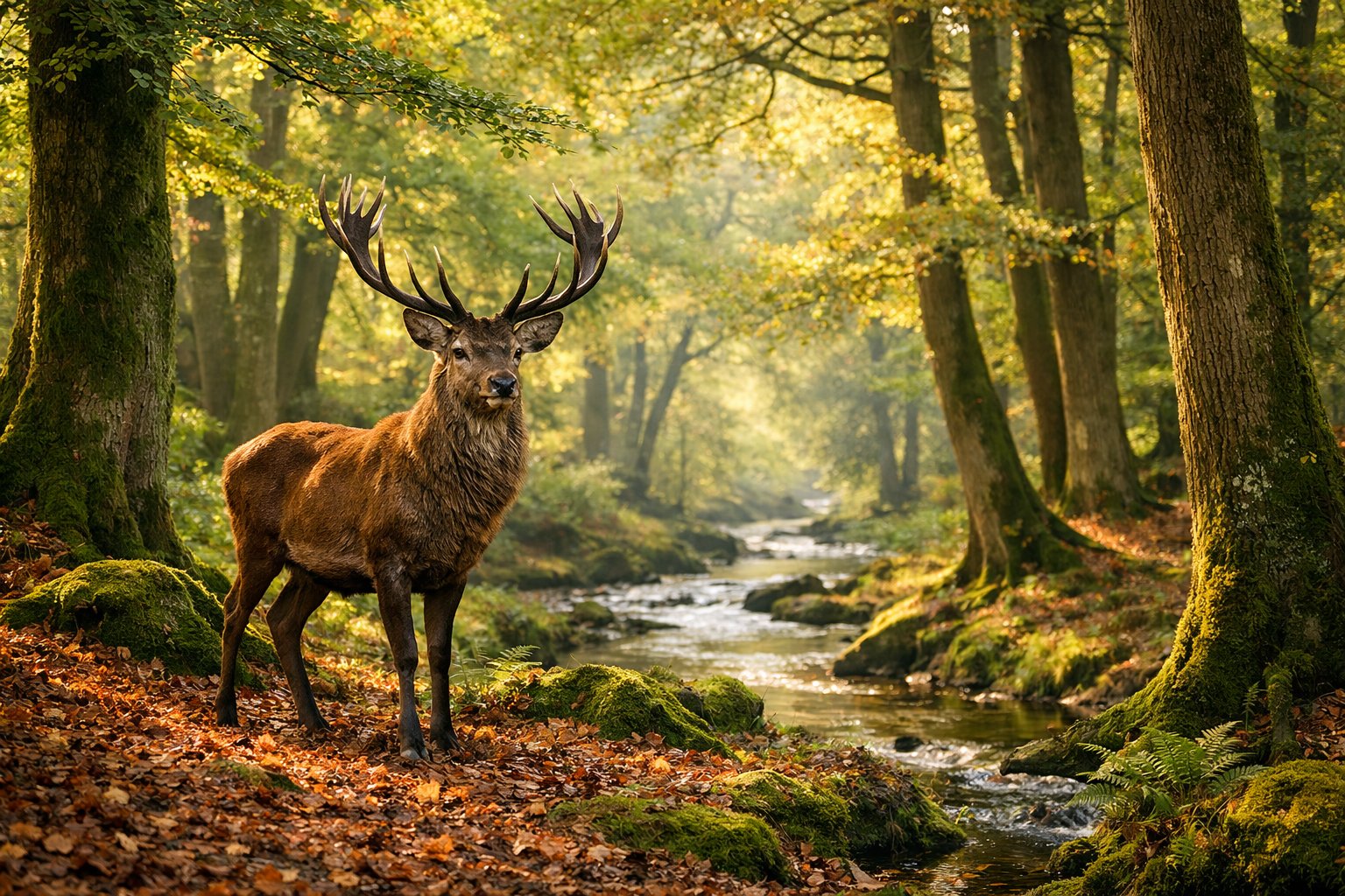 A red deer stag standing in a peaceful British forest with autumn leaves and a stream in the background.
