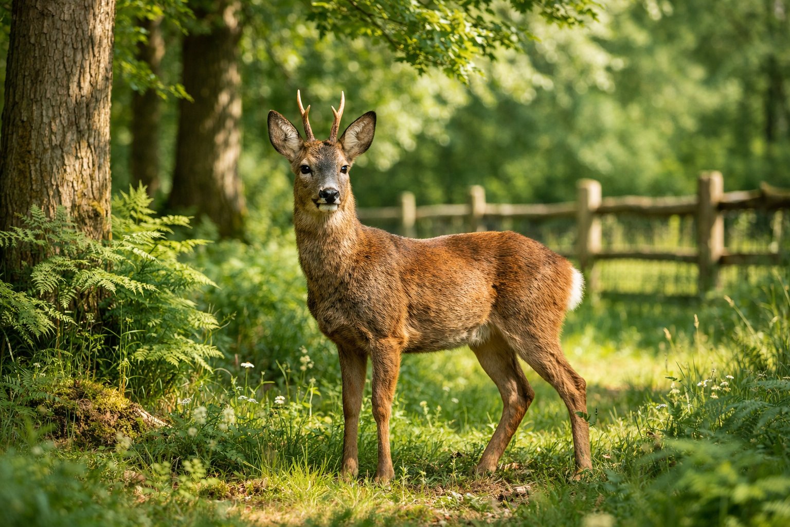 A deer standing alert in a green woodland area with trees and a wooden fence in the background.