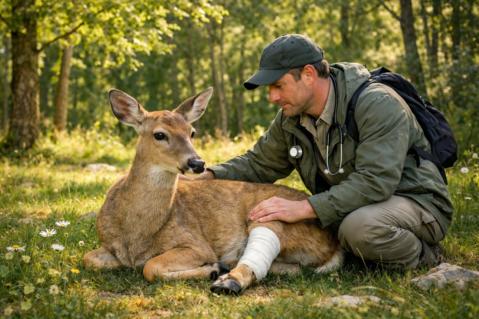 A deer lying on grass with a bandaged leg being gently examined by a wildlife veterinarian in a forest clearing.