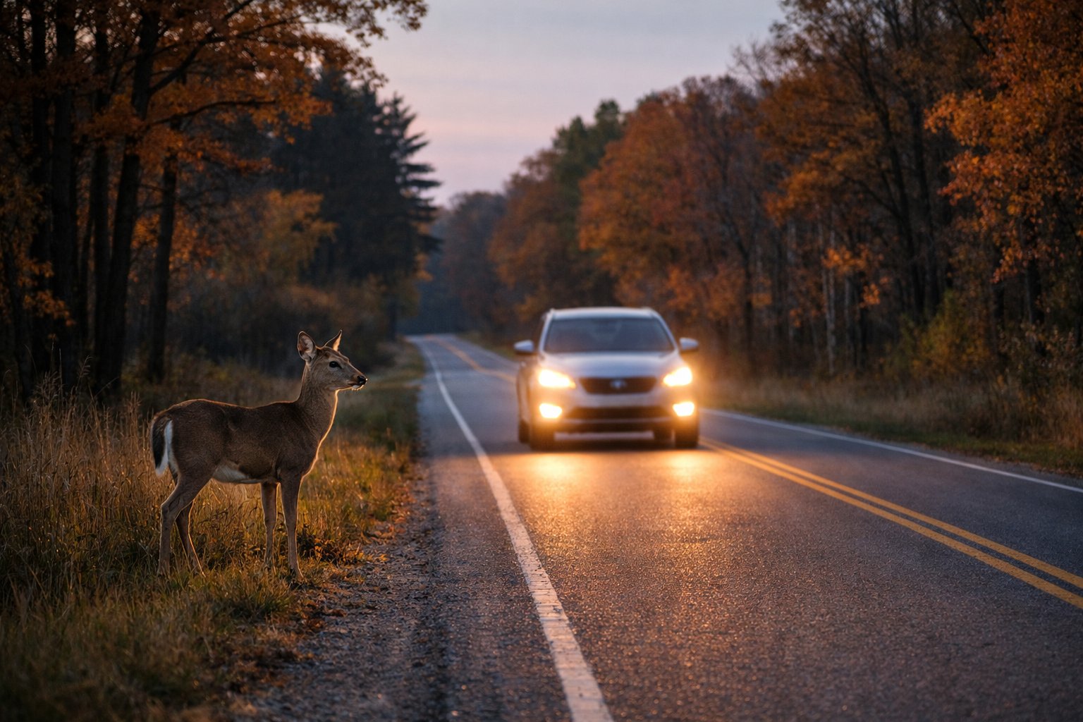 A deer standing near the side of a rural road as a car approaches with headlights on during dusk.