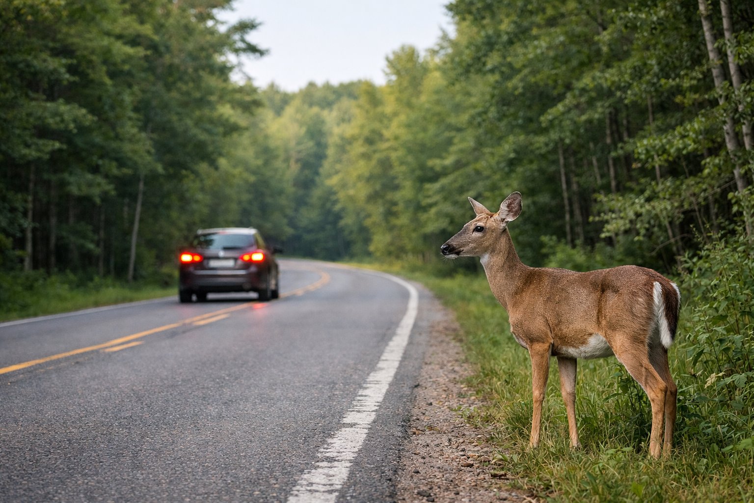 A deer standing near the edge of a rural road with a car slowing down in the distance surrounded by trees.