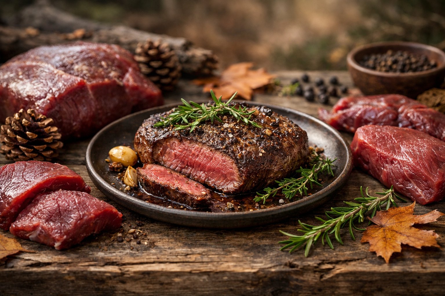 A cooked venison steak on a wooden table with raw venison cuts and forest-themed decorations around it.