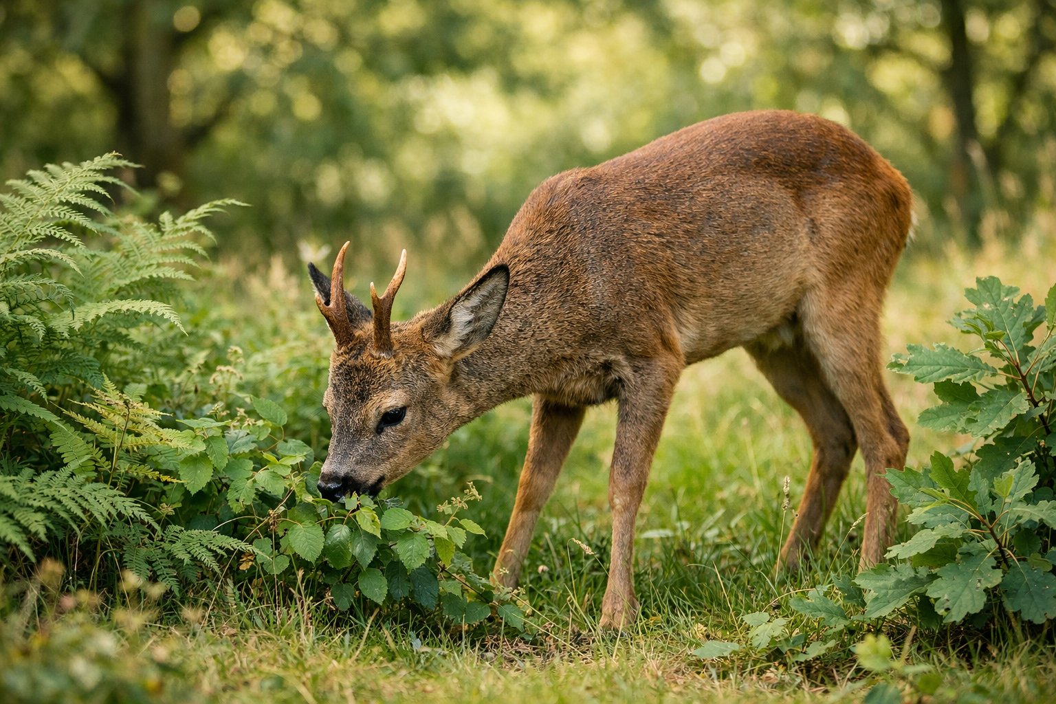 A deer grazing on green grass and leaves in a peaceful woodland clearing surrounded by trees and plants.