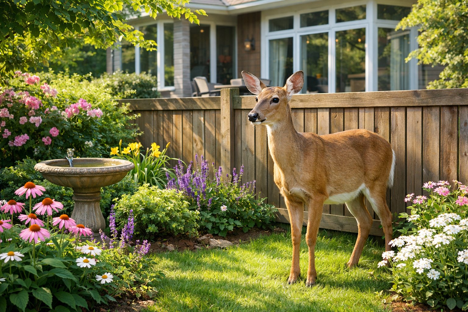 A calm deer standing in a green garden near a wooden fence with flowers and a house in the background.