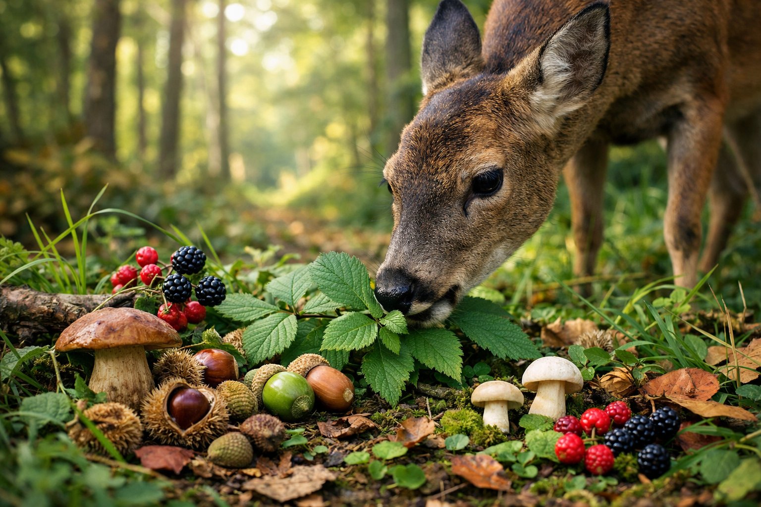 A wild deer eating green leaves on a forest floor with acorns, berries, nuts, and mushrooms around in a UK woodland.