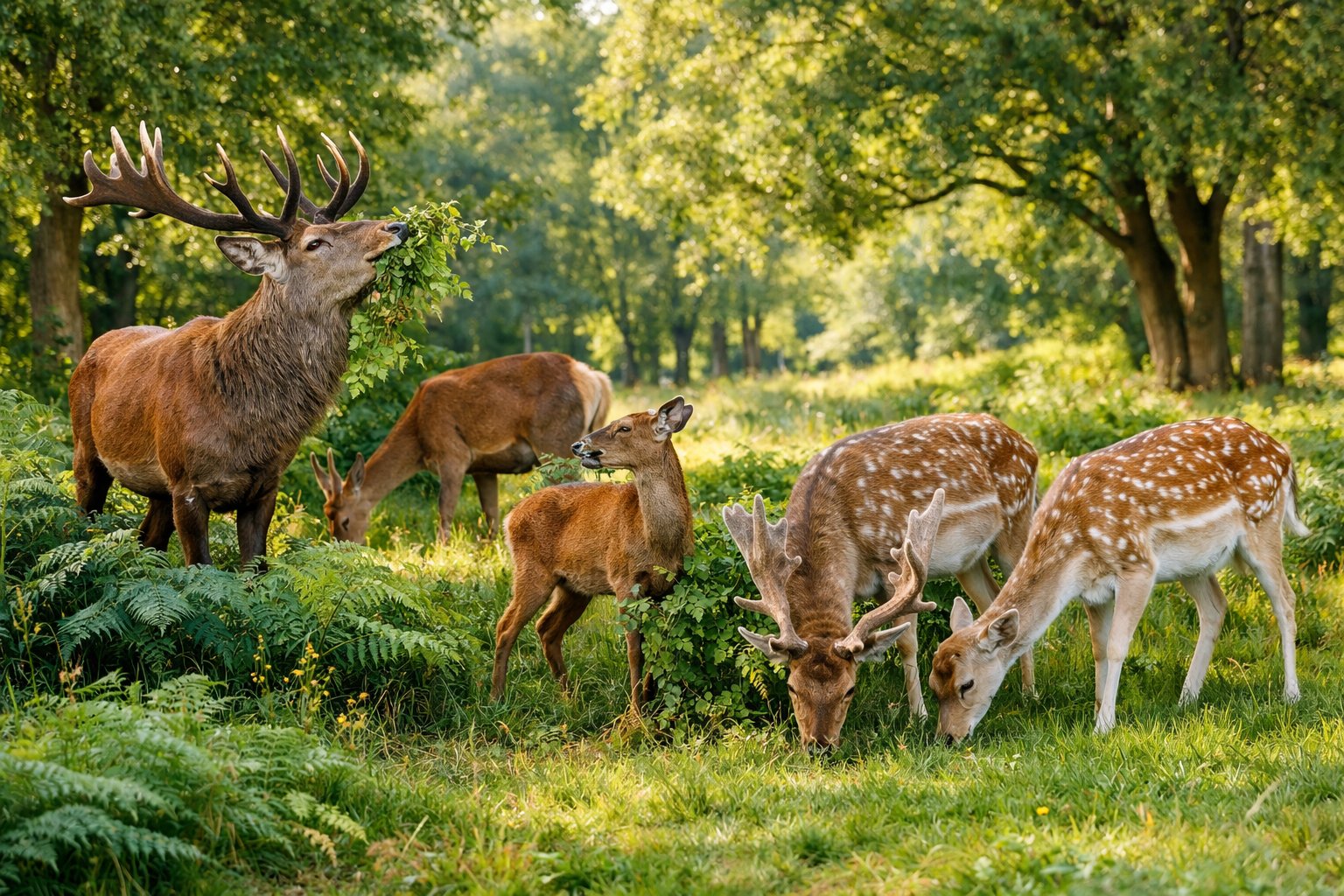 Several deer grazing in a green woodland clearing surrounded by trees and vegetation.