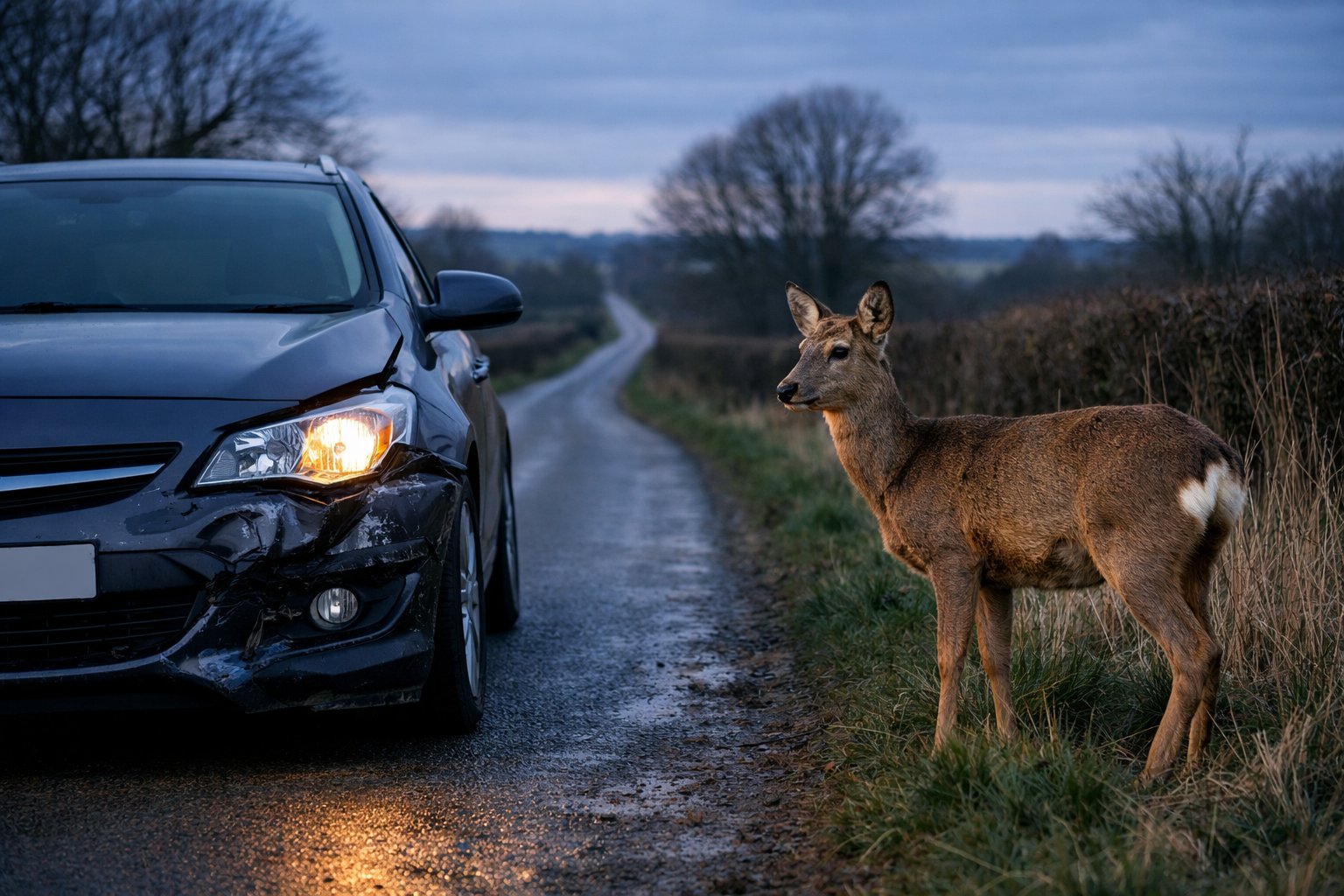 A damaged car stopped on a rural UK road with a deer standing nearby on the grassy verge.
