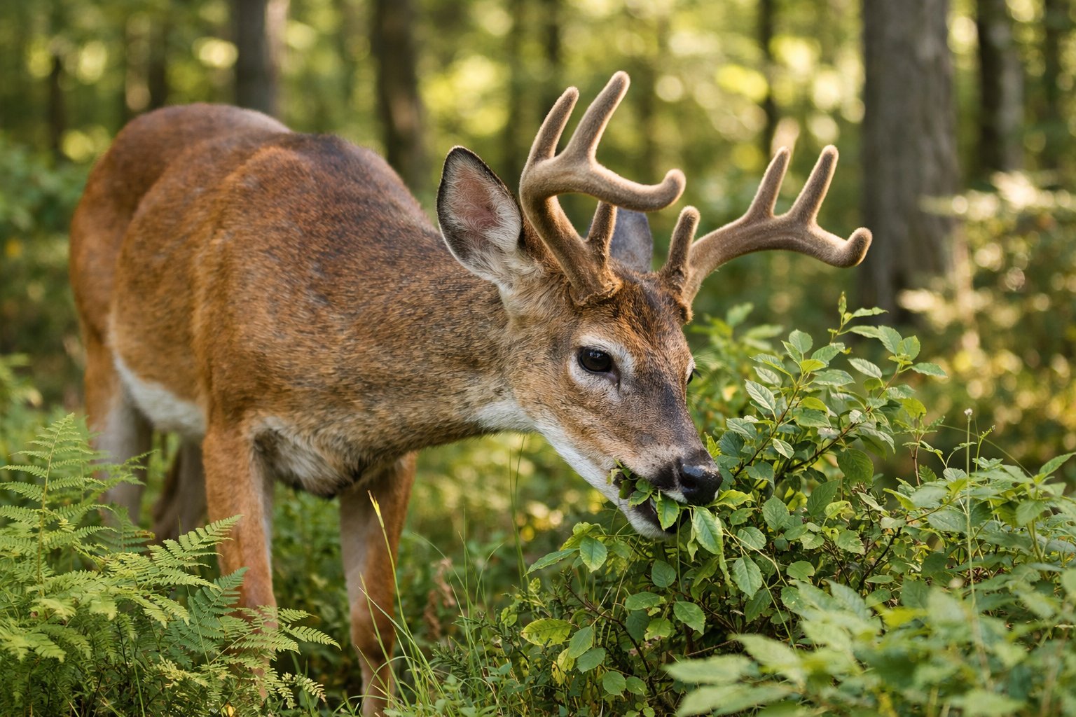 A deer grazing on green leaves and plants in a forest with sunlight filtering through the trees.