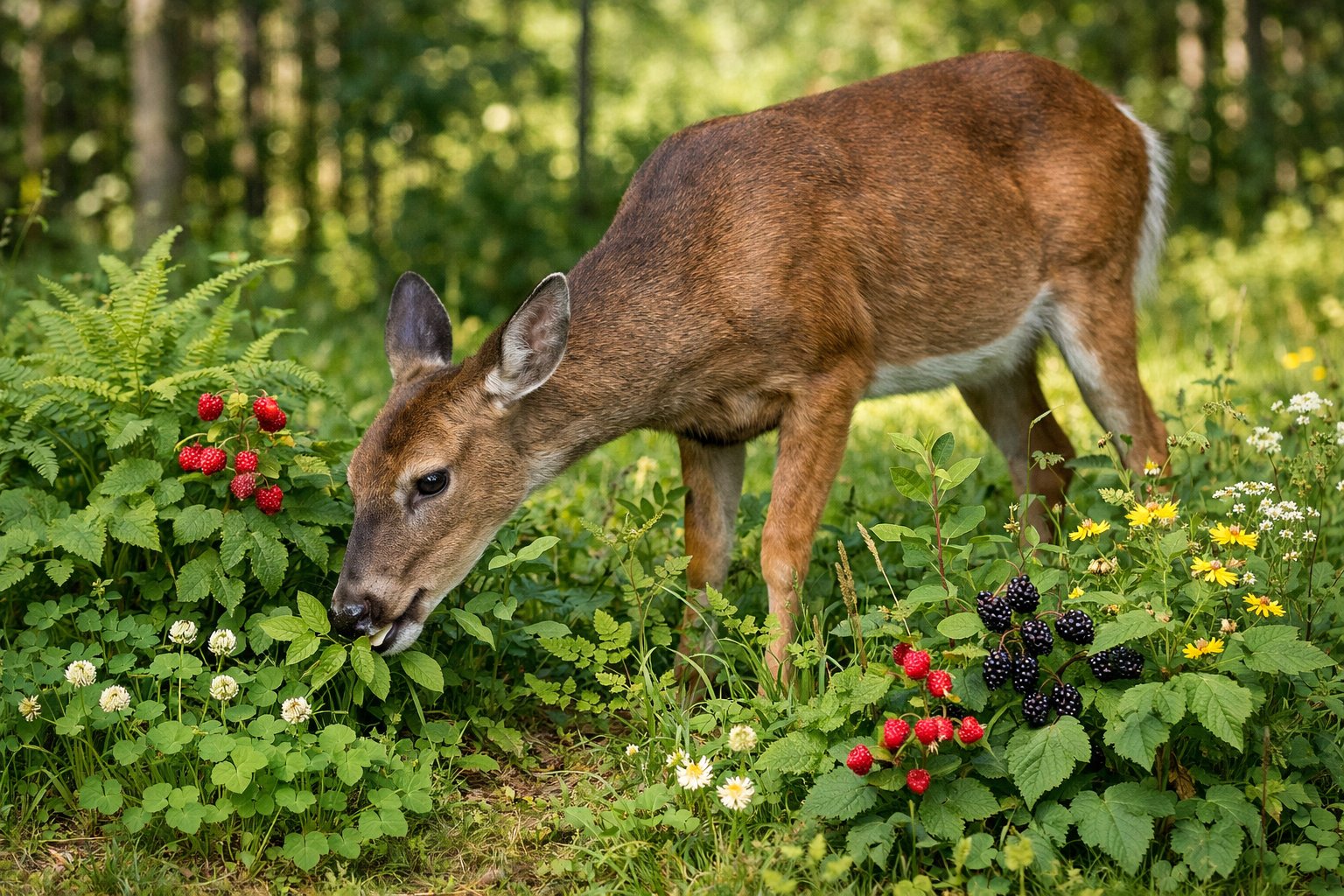 A deer grazing on green plants and shrubs in a sunlit forest surrounded by various vegetation.