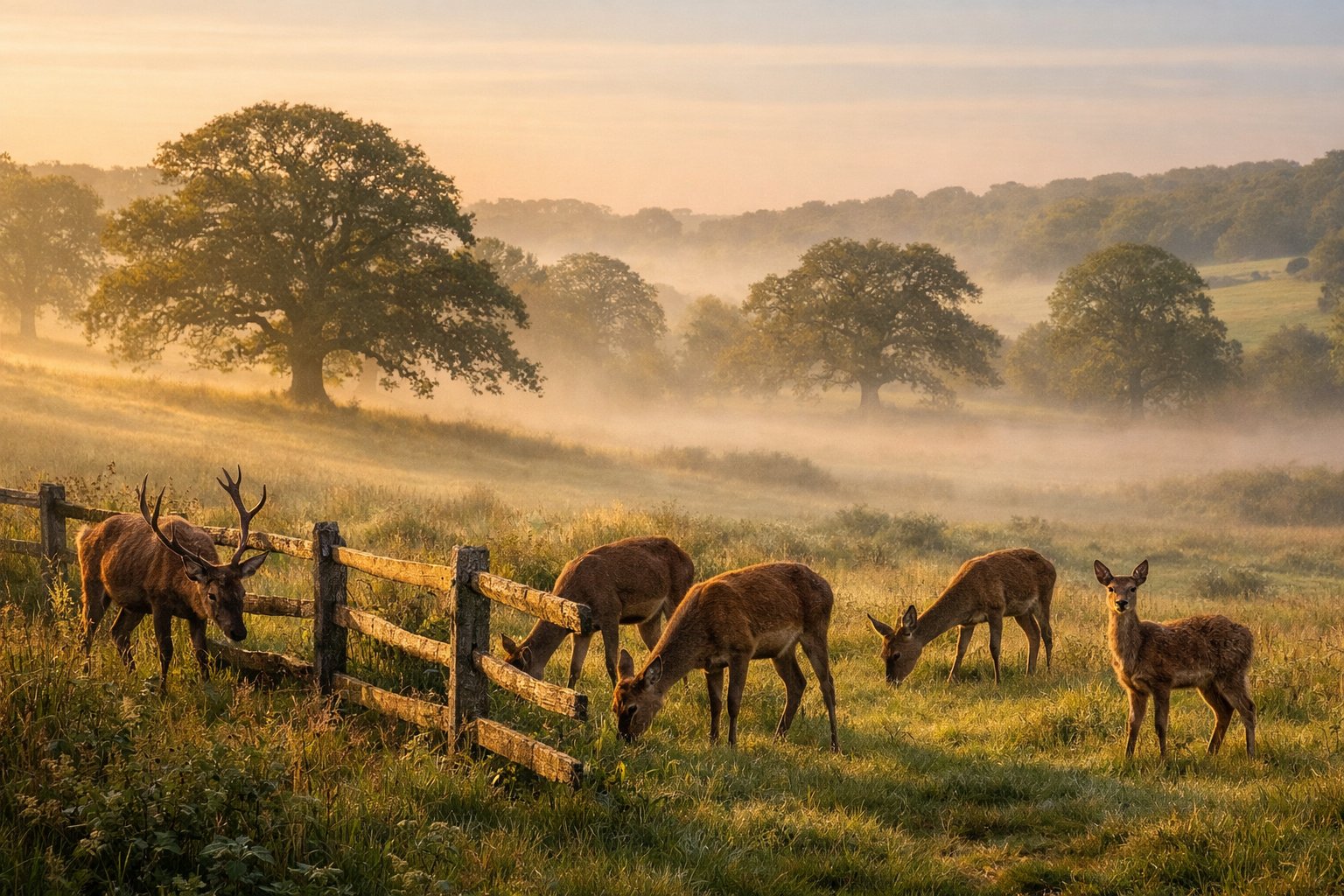 A group of wild deer grazing near a wooden fence in a misty British countryside with rolling green hills and trees in the background.