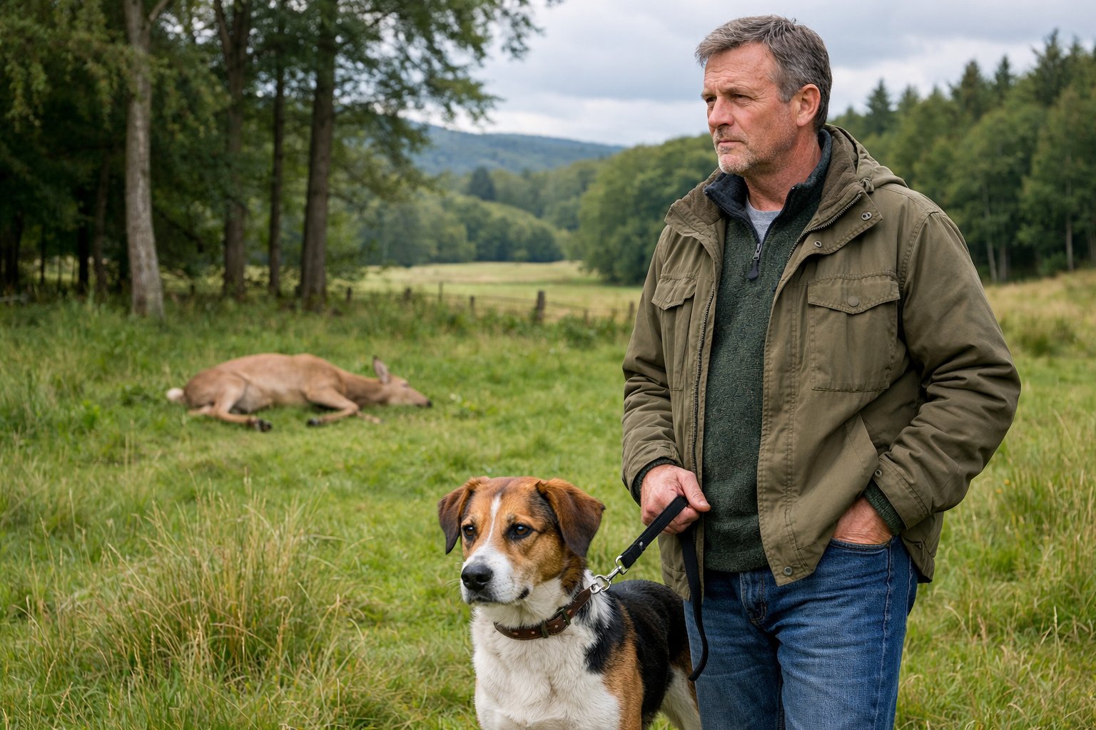 A man standing outdoors in a green countryside holding a dog on a leash near a fallen deer.