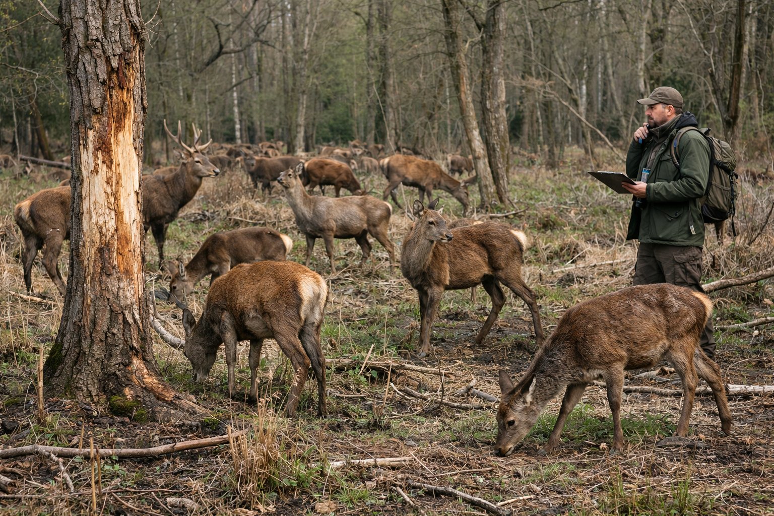 A group of wild deer grazing in a dense woodland area with damaged vegetation and a person observing them nearby.