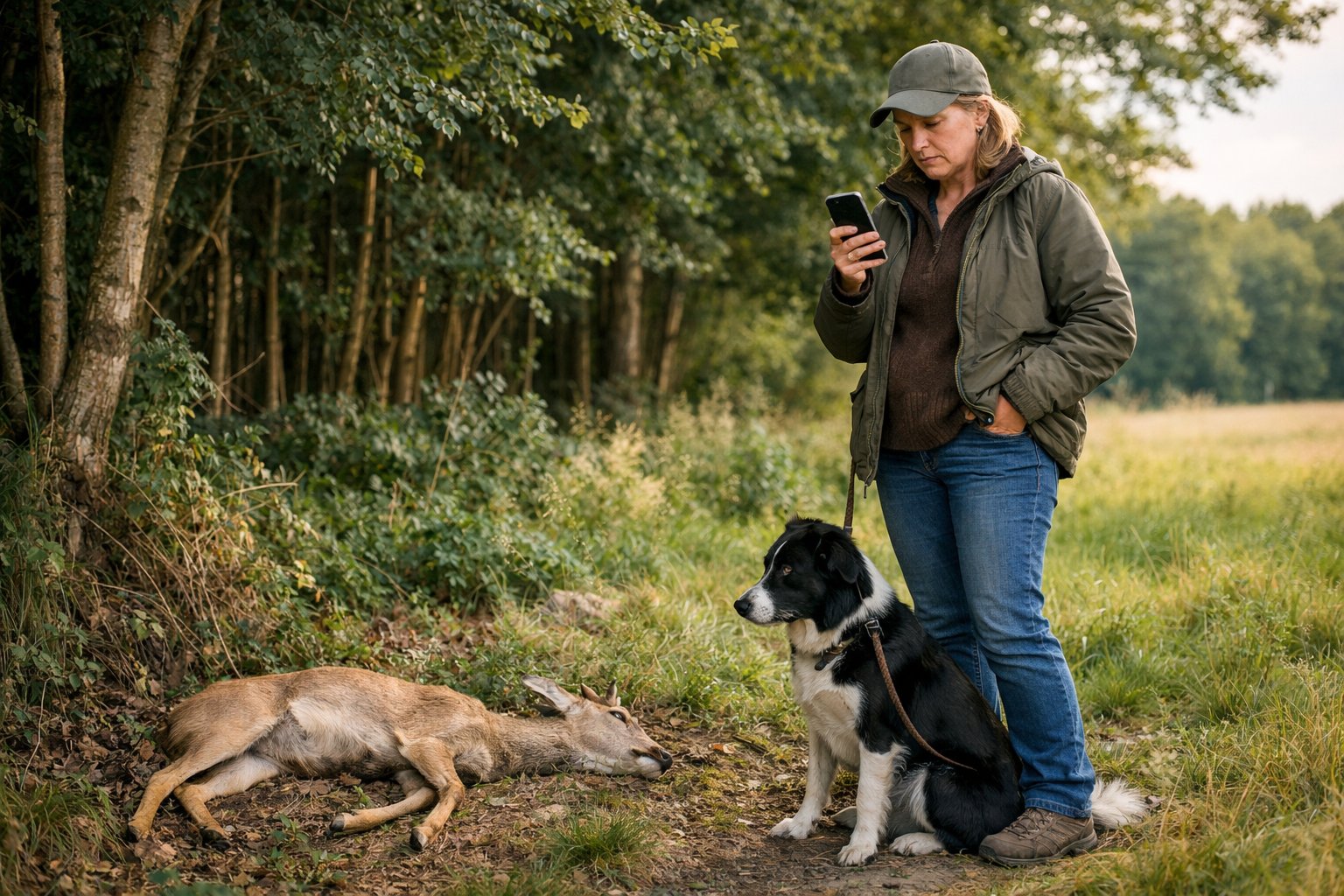 A person standing with their dog near a fallen deer in a forested area, looking concerned.