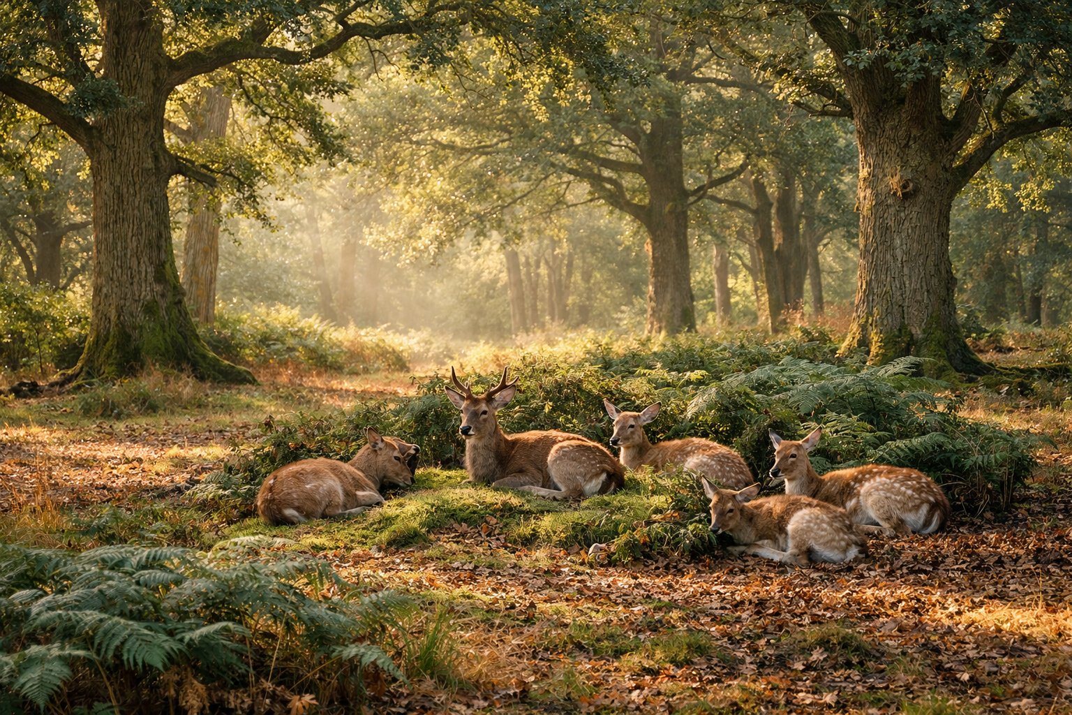 A group of deer resting quietly on moss and leaves in a peaceful UK woodland clearing surrounded by trees and underbrush.