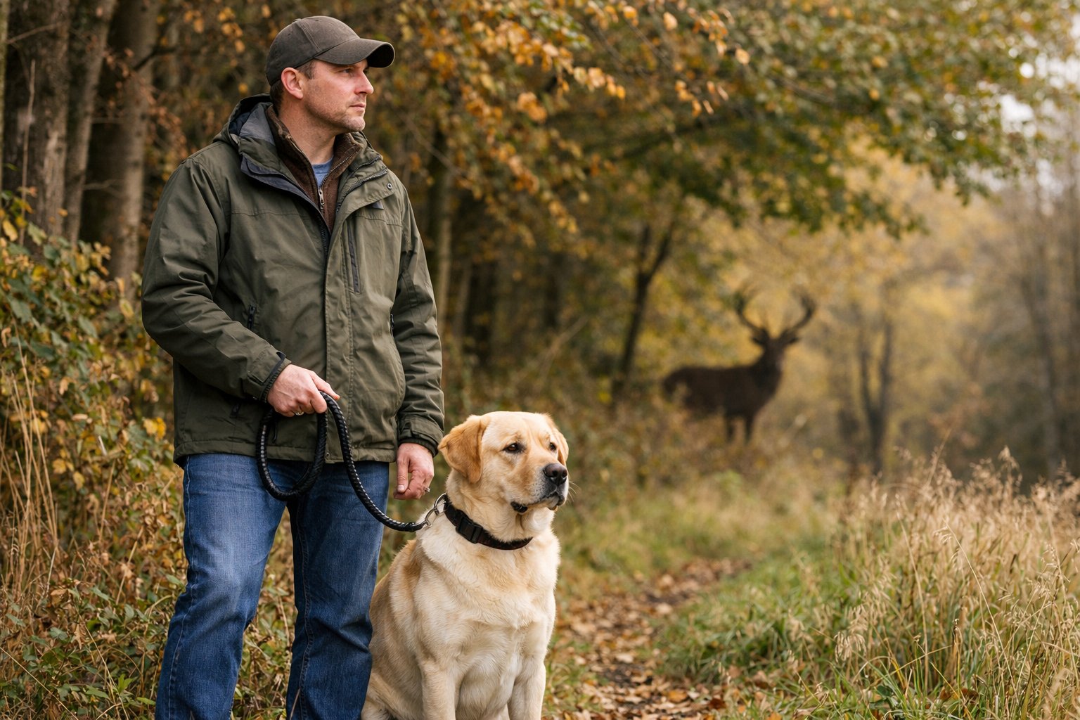 A person standing with their dog near a wooded area in the countryside, looking thoughtful and responsible.