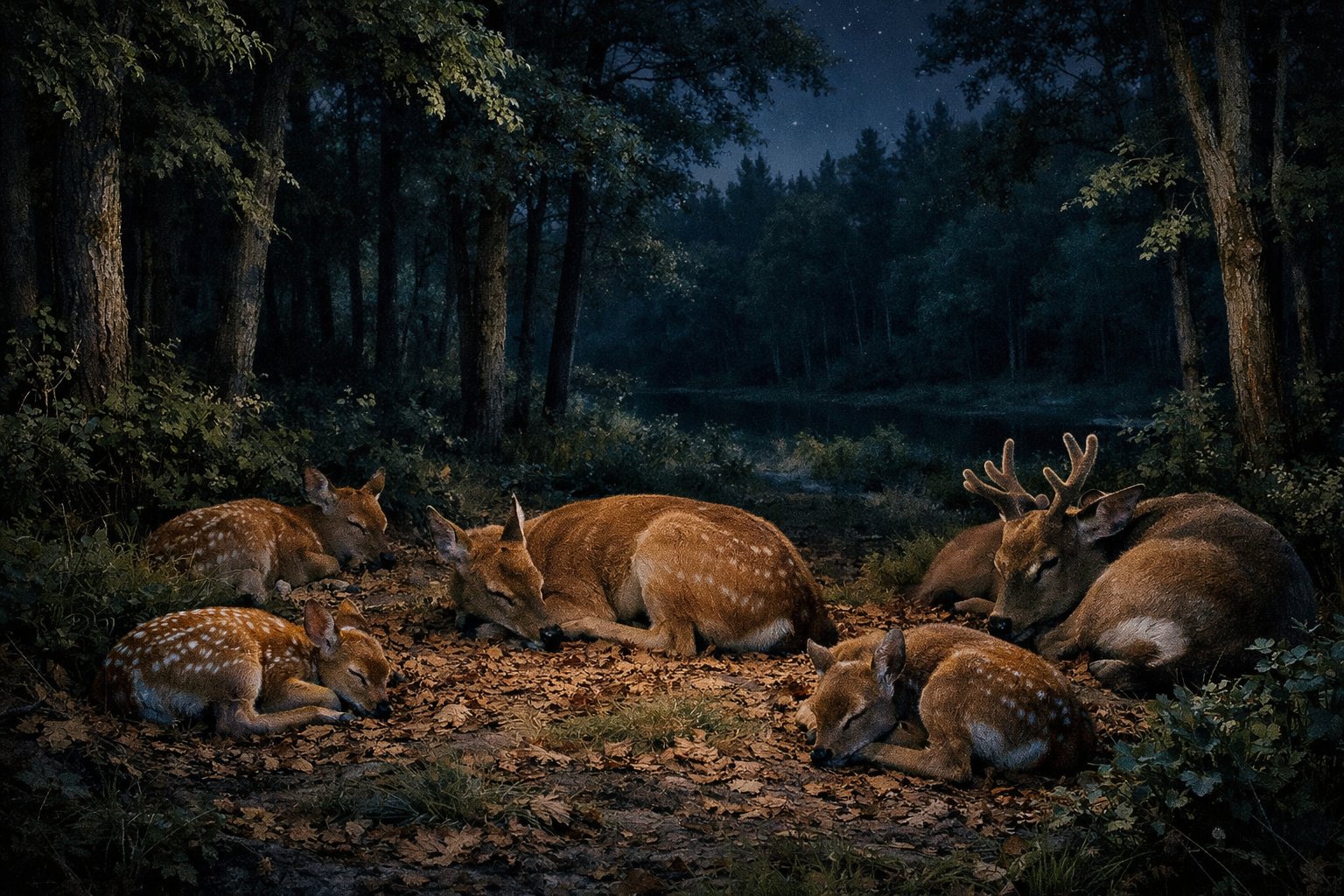 A group of deer resting on the forest floor at night under moonlight, surrounded by trees and plants.