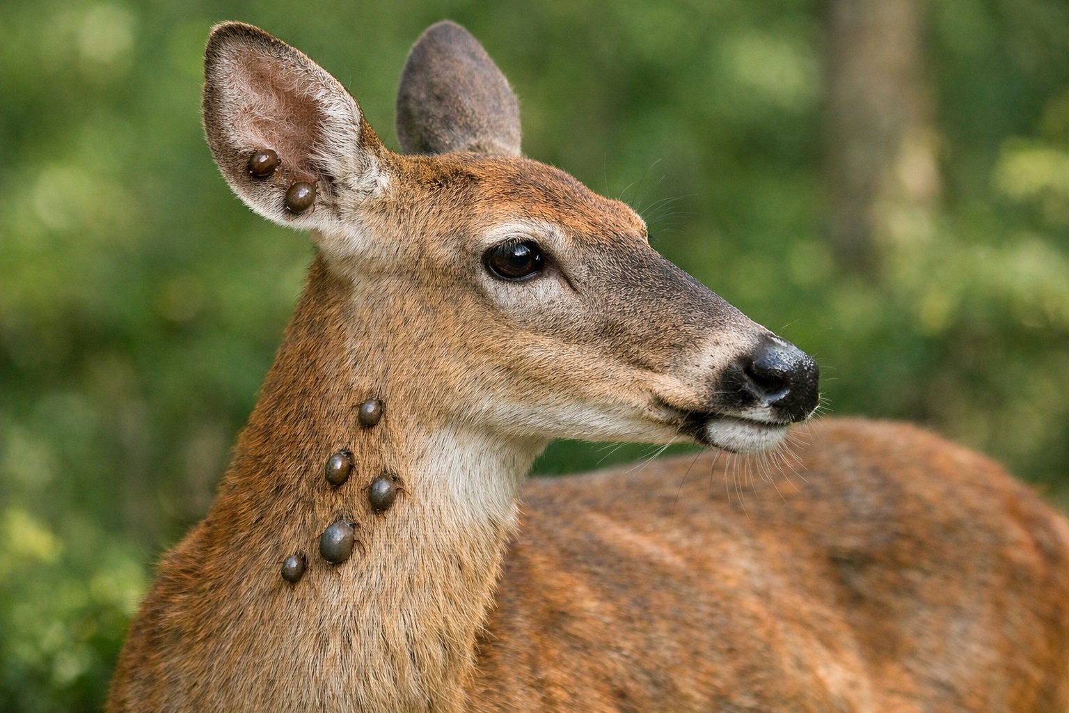 A close-up of a deer in a forest with small ticks attached to its neck and ears.