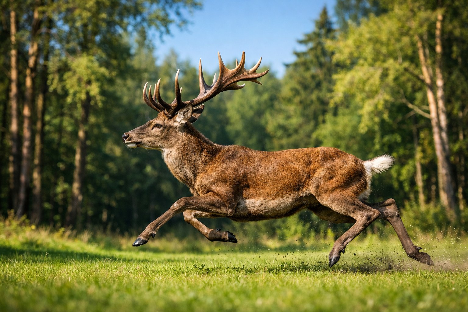 A deer running quickly across a forest clearing with trees and sunlight in the background.