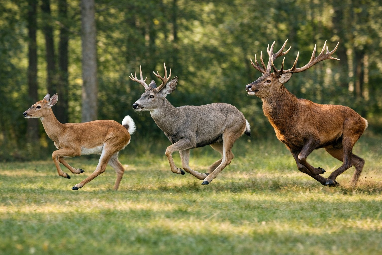 Several deer of different species running across a grassy forest clearing with trees in the background.