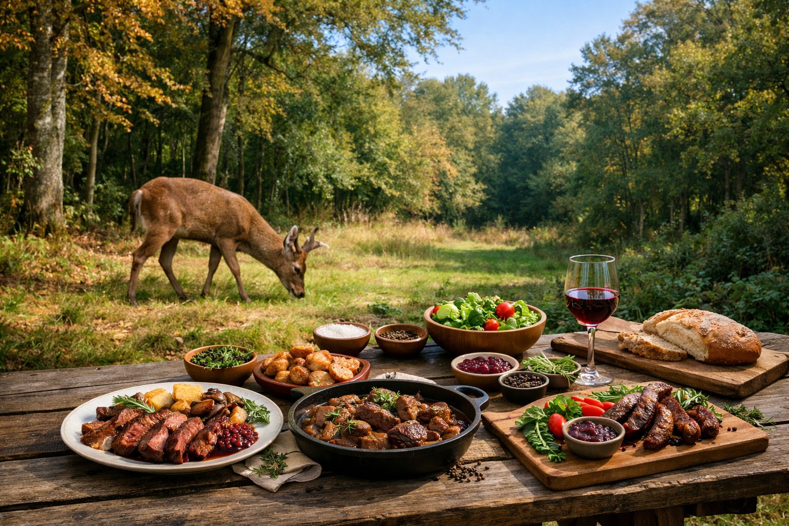 A wild deer grazing in a British woodland near a picnic table set with cooked venison dishes and fresh vegetables.