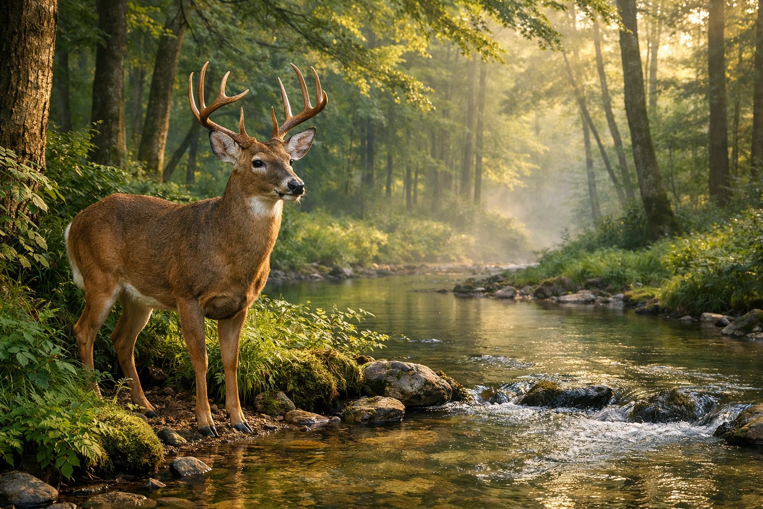 A mature deer standing near a stream in a peaceful forest with sunlight filtering through the trees.