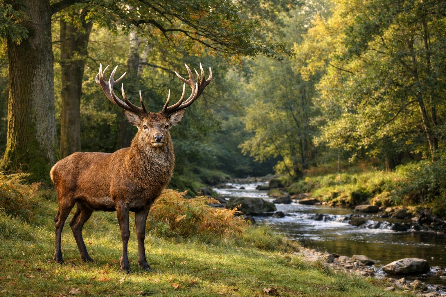 A wild red deer stag standing in a grassy clearing within a British woodland with trees and a stream in the background.