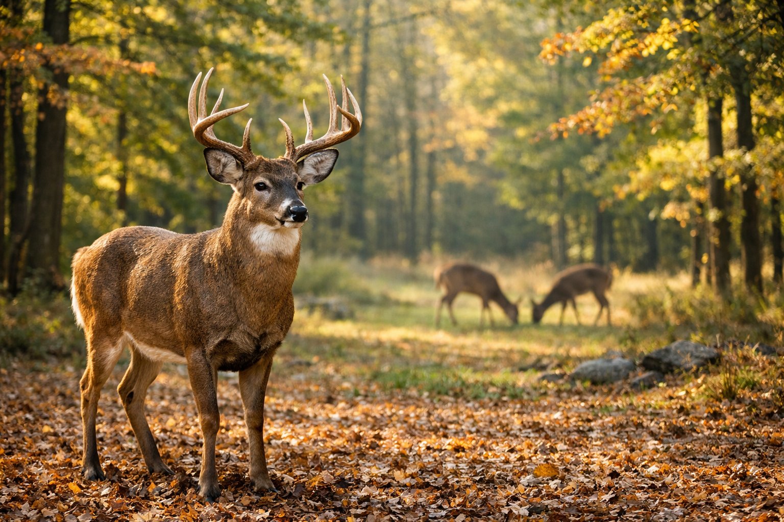 An adult deer standing calmly in a forest clearing with autumn leaves and other deer grazing in the background.
